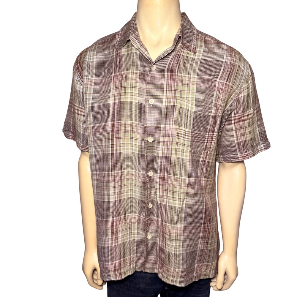 Cubavera Mens Large Linen Blend Plaid Short Sleeve Button Down Shirt Brown Green